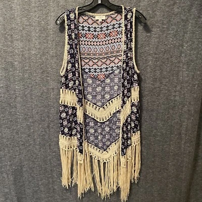 Umgee Duster Cardigan Womens Small Aztec Fringe Crochet Open Front Hippie Boho - Image 1 of 4