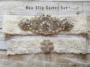 Wedding Garter Set, Bridal Garter Set, Crystal Garter Set - Ivory Lace - Picture 1 of 1