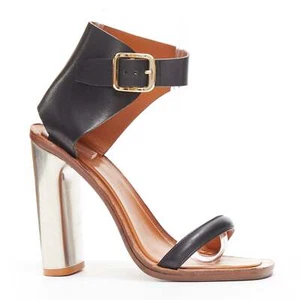 CELINE Phoebe Philo Bam Bam black open toe silver metal block heel sandal EU37 - Picture 1 of 11
