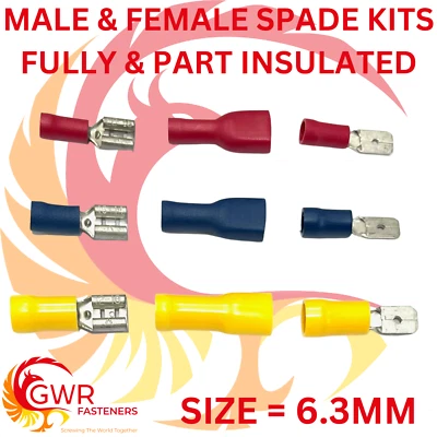 MALE & FEMALE SPADE ELECTRICAL TERMINALS RED BLUE YELLOW WIRE CRIMP CONNECTORS - Image 1 of 4