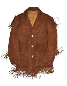 Vintage Western Jacket Mens Small Brown Suede Leather Fringe Indian Hippy - Picture 1 of 10