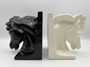 Vintage Black & White Ceramic 3D Horse Head Bookends Equestrian Figurines MCM