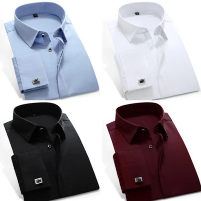 Camicie eleganti uomo lusso polsino francese con gemelli slim business camisas top - Immagine 1 di 4