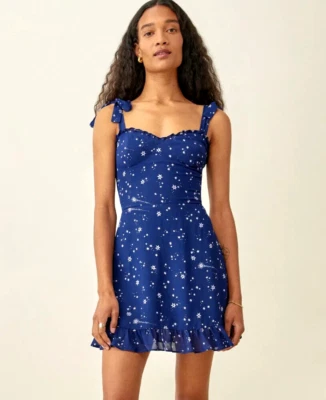 REFORMATION Dark Blue Starry Night Christine Dress 8 M Ruffles Stars EUC - Image 1 of 4