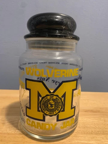 1981 MICHIGAN WOLVERINES GLASS CANDY JAR WITH LID SWEET TREATS & RARE 7" Cover