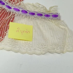 5.25" Ruffled Lace Trim Purple Statin Ribbon W Ecru 2 yds (Polyester) Floral Vtg - Picture 1 of 5