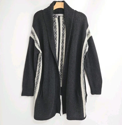 360 Sweater Cardigan Womens Large Cashmere Black Stripe Duster Open Front Foto 1 de 4