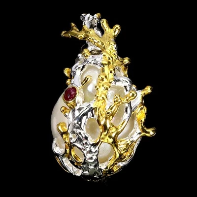 925 Sterling Silver Pendant Round Ruby Myanmar Pearl Natural Gemstone Jewelry - Image 1 of 4