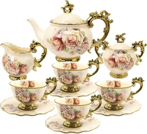 15 Pieces British Porcelain Tea Set, Floral Vintage China Coffee Set, Wedding Te - Picture 1 of 12