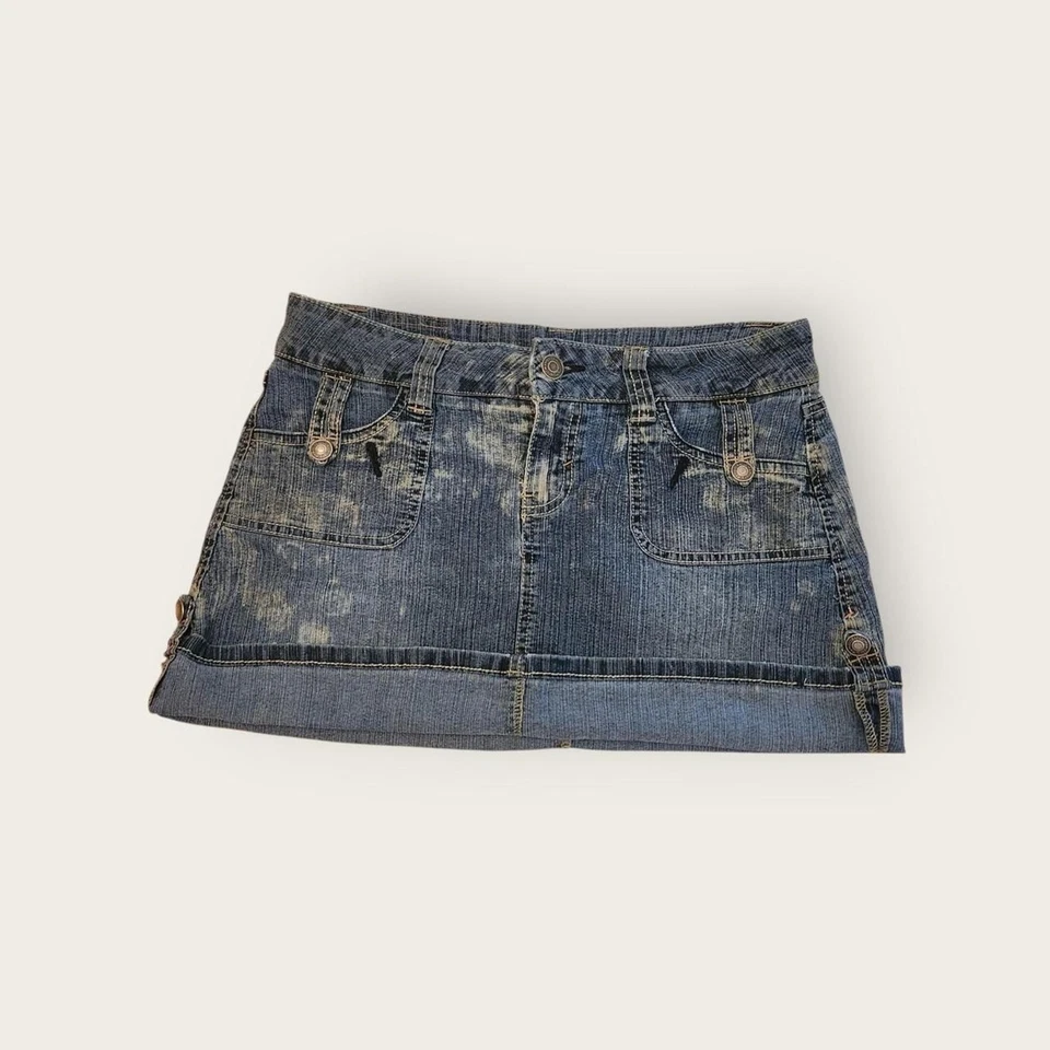 Minifalda vintage Y2k hidráulica lavado medio denim tiro bajo puños talla 9/10 Foto 1 de 4