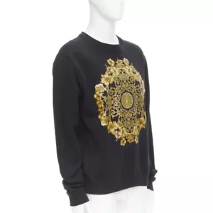 VERSACE black gold Barocco Hibiscus Medusa cotton crew sweater S - Picture 1 of 10
