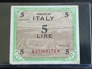 Italy  5 Lire Military Banknote Ww2 Paper Money 1943 - Picture 1 of 2