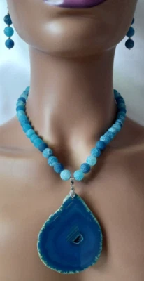 Enorme Grueso Azul Ágata Losa Crackle Ágata Distintivo Collar Conjunto de Pendientes Foto 1 de 4