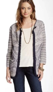 Lucky Brand Cardigan Jacke vorne offen marine/weiß Azteken Fransenbesatz Baumwolle Gr. M - Bild 1 von 12