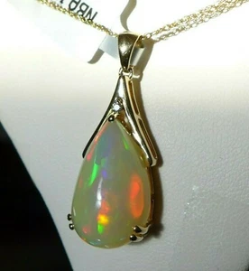 7Ct Natural Opal & Diamond 14K Gold Pendant, Large 19x13 Ethiopian Opal,Certif - Picture 1 of 8