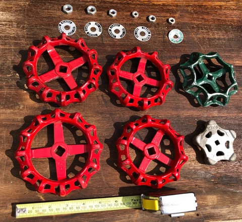 6 Vintage Water Knobs Taps Plumbing Garden Decor Crafts, 5 1/4”, 4 1/2”, 3” Wide Cover