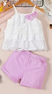 New Girls Shorts Set White Layered Top Elastic Waist Summer Clothes 3-4Y - Picture 1 of 12