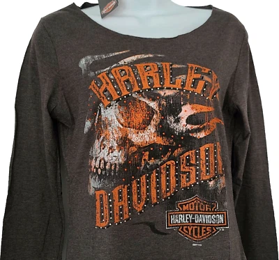 Camisa Harley Davidson LS Gris Bling Esqueleto Llamas Borde Crudo Pecho 36 pulgadas Para Mujer M Foto 1 de 4