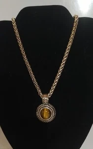 Vintage Tigers Eye Cabochon Cable Pendant Woven Chain Necklace - Picture 1 of 4