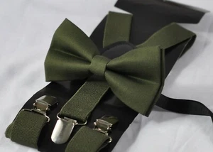 Dark Olive Green Army Green Cotton Bow Tie + Suspenders Braces for All Ages - Picture 1 of 8
