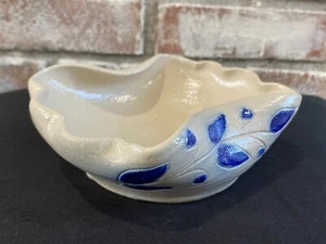 Vintage Hand Made Clay Decorative Bowl - Glazed Blue Leaf Pattern - Home Decor - Picture 1 of 7