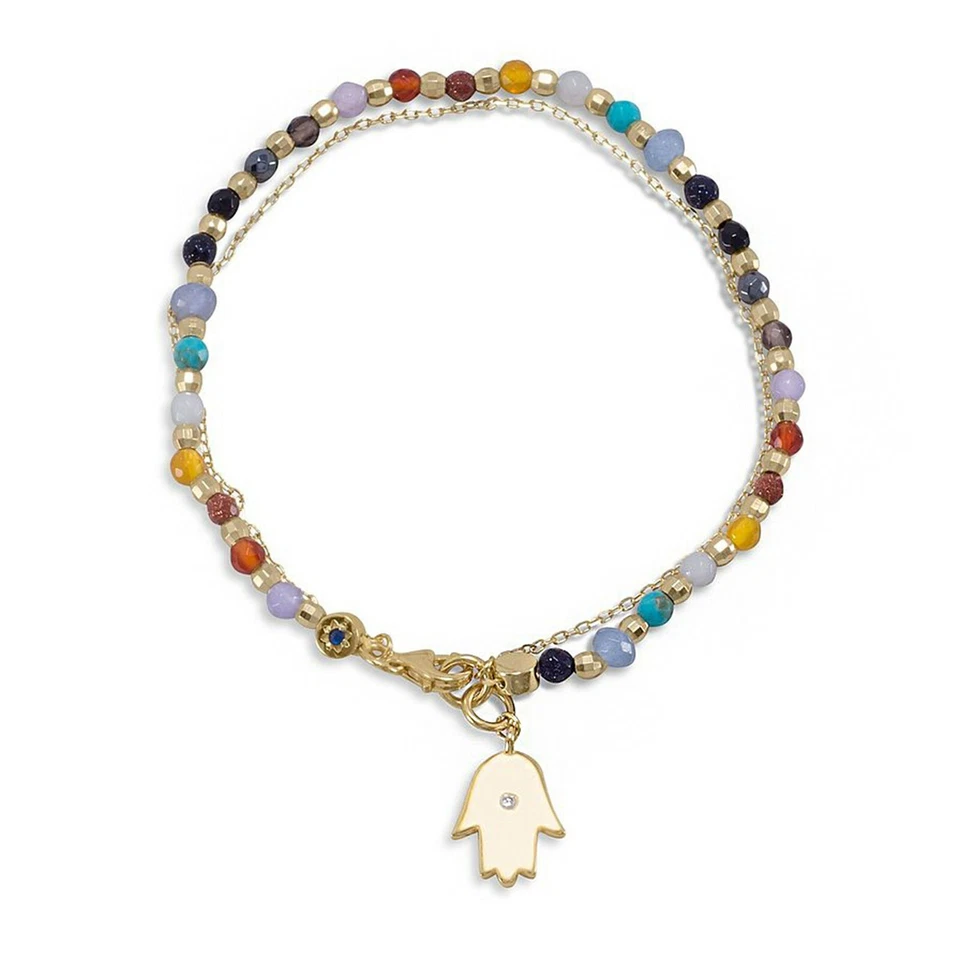 Women's 14K Yellow Gold Plated Multistone Hamsa Cz Charm Double Strand Bracelets - Image 1 of 2