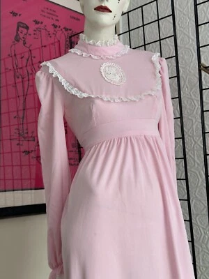 1970s Dress-gown-pink-Victorian Style-cameo-Small-medium-maxi-Gothic-femme-boho - Image 1 of 4