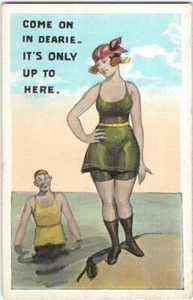 Cómic eduardiano arriesgado belleza baño "Come on in" década de 1920 postal vintage - Imagen 1 de 2