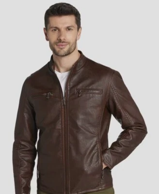 Calvin Klein Men's Brown Faux Leather Biker Full-Zip Moto Jacket Size L - Image 1 of 2