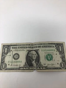 $1 Dollar Bill Fancy QUAD 4 Zeros 0 Serial Number D12100005 Roman Empire Date - Picture 1 of 3