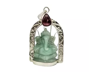Colgante de plata Ganesh de jade verde tallado - plata de ley 925 con rubí natural - Imagen 1 de 9