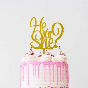 Gold Acrylic 'He or She?' Cake Topper - Picture 1 of 4