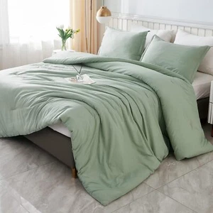 King Size Sage Green Comforter Set, 3-Piece King Size Solid Color Comforter Set - Picture 1 of 8