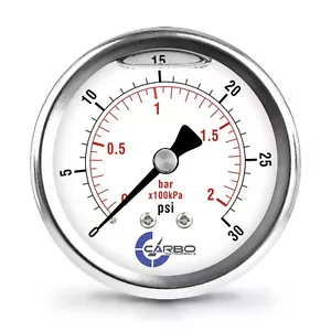 2.5" LIQUID FILLED PRESSURE GAUGE 0 - 30 PSI, STAINLESS STEEL CASE BACK MOUNT - Picture 1 of 6