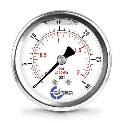 2.5" LIQUID FILLED PRESSURE GAUGE 0 - 30 PSI, STAINLESS STEEL CASE BACK  MOUNT - Image 1 of 4