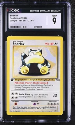 CGC 9 MINT Snorlax 1999 Jungle 1st Edition 27/64 Non Holo Rare Pokemon Card - Image 1 of 2