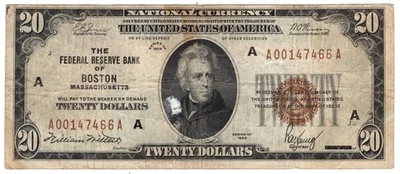 $20 1929 Federal Reserve Bank Note Boston Fr#1870-A - Image 1 of 2