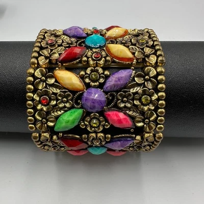 Pulsera Elástica Tono Dorado Panel Floral Multicolor Acrílico Marquesa Cuentas Boho Foto 1 de 4