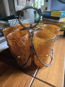 Mid Century Vintage Spaghetti String Glasses Set of 6 With Holder - Picture 1 of 3