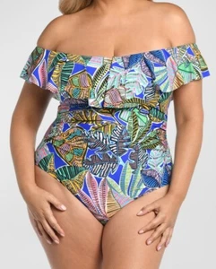 La Blanca Off Shoulder Ruffle One Piece Swimsuit Neon Nights Multicolor Size 18W - Picture 1 of 7