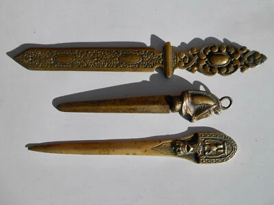 Lot 3 ancien coupe papier ouvre lettre bronze blason aigle cheval renaissance - Photo 1/4