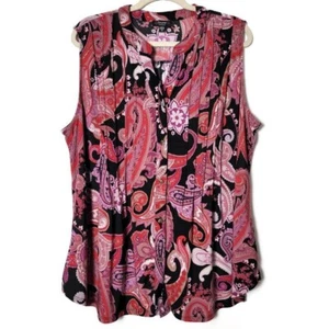 Cocomo Woman Pink Red Paisley Stretchy Pintuck Sleeveless Blouse 2X - Picture 1 of 9