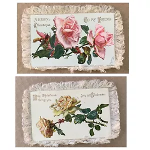 1880s Victorian Silk Fringe Christmas Card ~ Joy & Gladness ~ Yellow Pink Rose - Picture 1 of 6