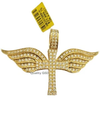 Pingente charme cruzado diamantes reais 2" ouro amarelo 10k 4,45 CT diamante asa de anjo - Imagem 1 de 4