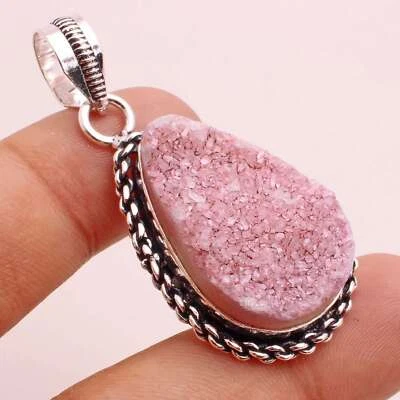 Pink Druzy Edelstein Versilbert Handmade Anhänger Schmuck Geschenk 3.8cm P-14375 - Bild 1 von 3