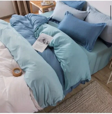 Juego de funda nórdica de 3 piezas de bloques/rayas de color queen y fundas de almohada - azul blanco Foto 1 de 4