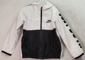 Nike Rain Jacket Kids Small 4-5y White Black Pockets Long Sleeve Hooded Full Zip - Picture 1 of 9