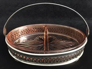 Vintage MCM Pink Depression Glass Oval Divided Dish with Metal Carrier - Picture 1 of 10