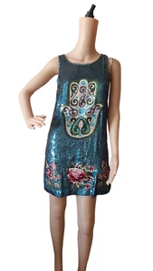 Manoush Blue Sequin Silk Sleevless Floral Fully Embroidered Women Dress Size S - Picture 1 of 24