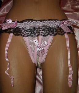 Sexy Straps String offen Gr. XS-S rosa/schwarz Strapshöschen m. Perlen NEU (G50) - Bild 1 von 2